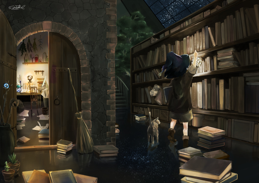 1boy, agave, ankle_boots, arch, book, book_stack, bookshelf, boots