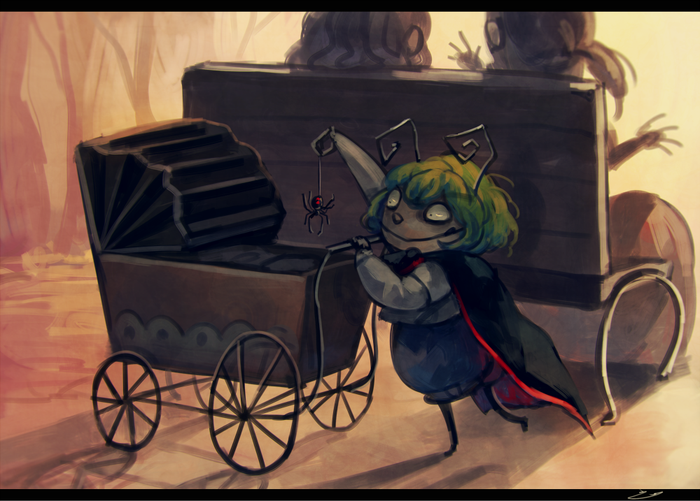 3girls, animal, antennae, bench, blue_pants, cape, commentary_request, green_hair