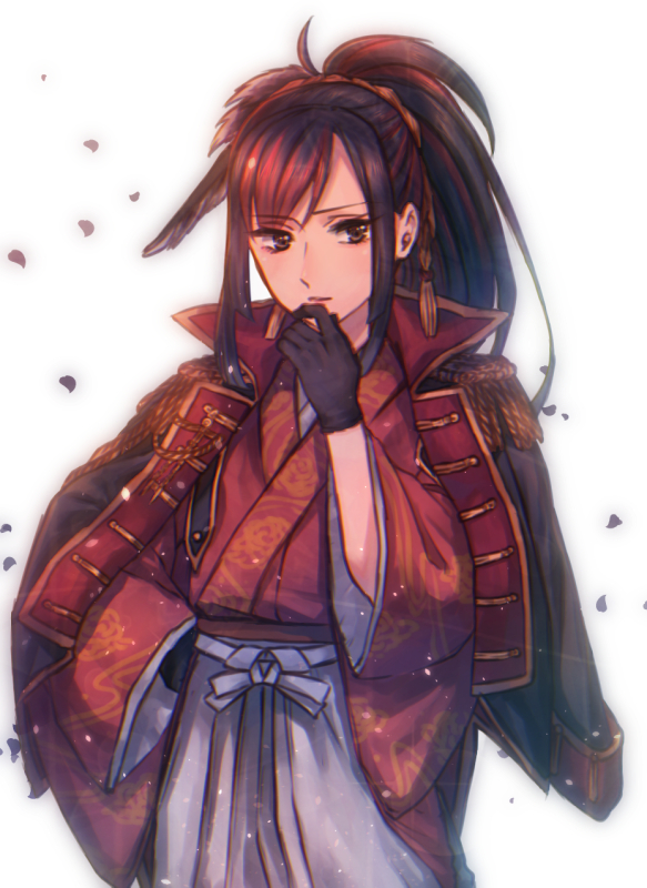 1girl, black_gloves, black_hair, epaulettes, gloves, hairband, jacket, long_hair, moe_(hamhamham), multicolored_hair, personification, pokemon, ponytail, redhead, solo, stroking_chin, swellow, two-tone_hair, wide_sleeves
