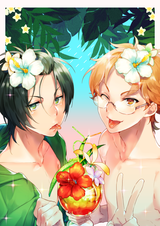 2boys, ;), ;p, bendy_straw, blue_eyes, brown_eyes, drinking_straw, flower