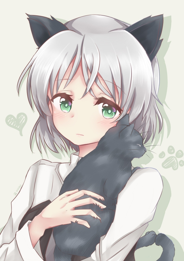 1girl, animal, animal_ears, animal_hug, black_cat, blush, cat, cat_ears