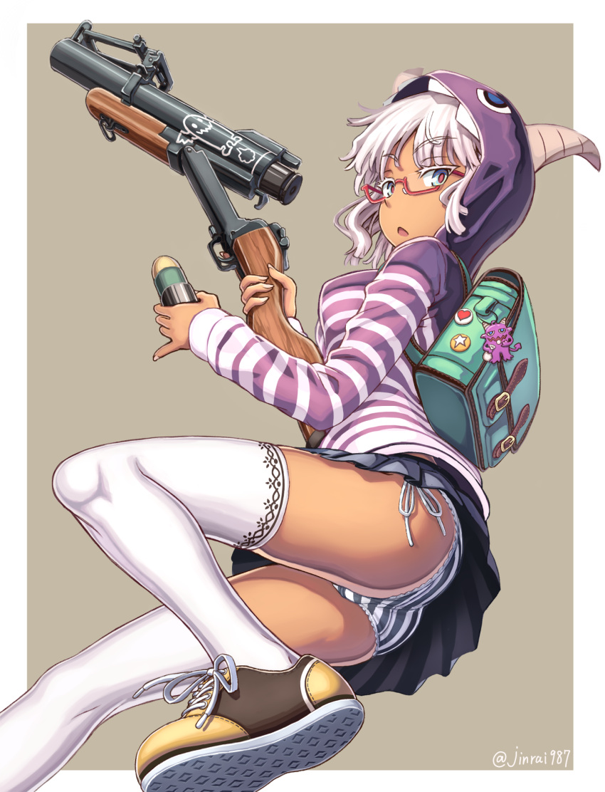 1girl, backpack, bag, colored_eyelashes, dark_skin, dated, glasses, grenade_launcher