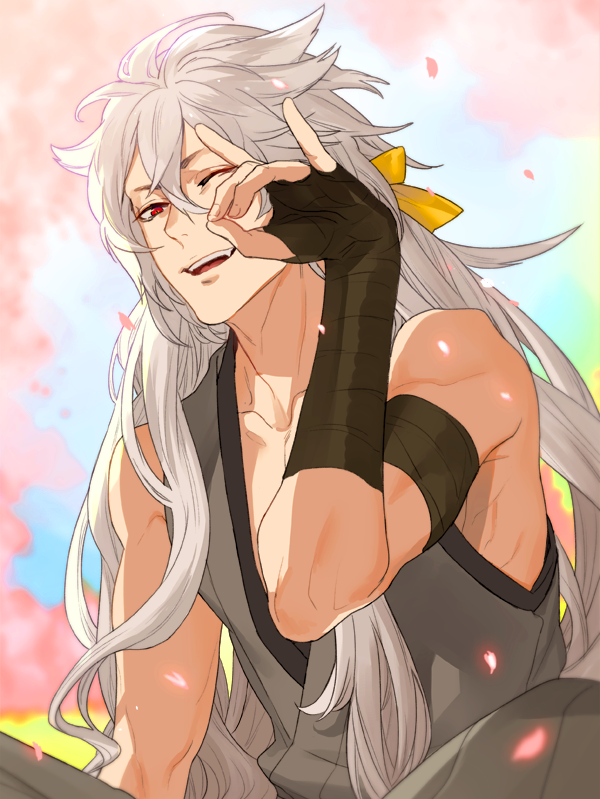 1boy, ;), bare_shoulders, black_gloves, fang, fingerless_gloves, fox_shadow_puppet, gloves