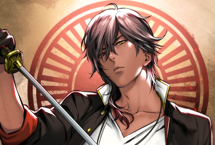 1boy, black_gloves, brown_hair, close-up, dark_skin, dark_skinned_male, gloves, hair_over_one_eye