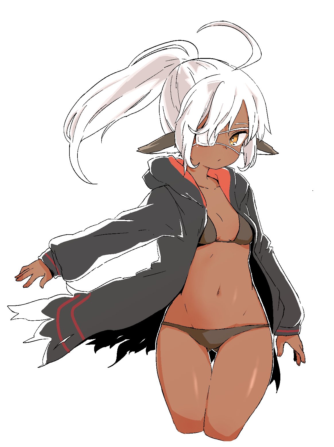 1girl, ahoge, animal_ears, ass_visible_through_thighs, bikini, black_bikini, borrowed_character, breasts, cropped_legs, dark_skin, eyepatch, highres, hood, hooded_jacket, jacket, light_brown_eyes, long_hair, long_sleeves, medical_eyepatch, navel, nezumi_inu, original, outstretched_arm, ponytail, simple_background, sleeves_past_wrists, small_breasts, solo, swimsuit, thigh_gap, white_background, white_hair