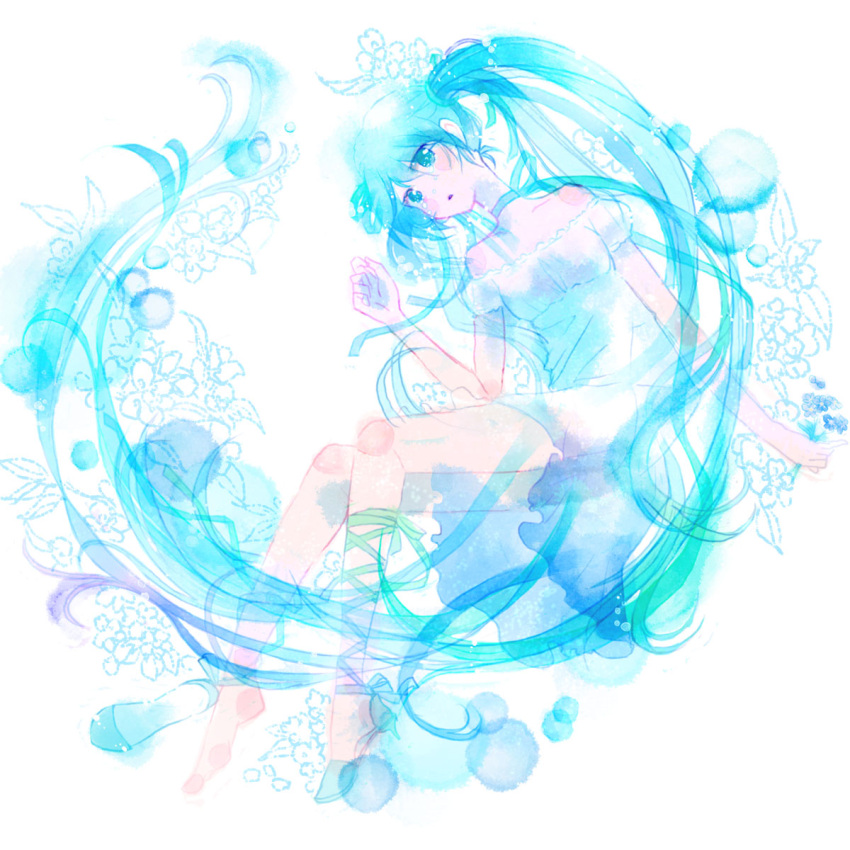 aqua_hair, dress, flower, hatsune_miku, highres, long_hair, one_shoe, ribbon