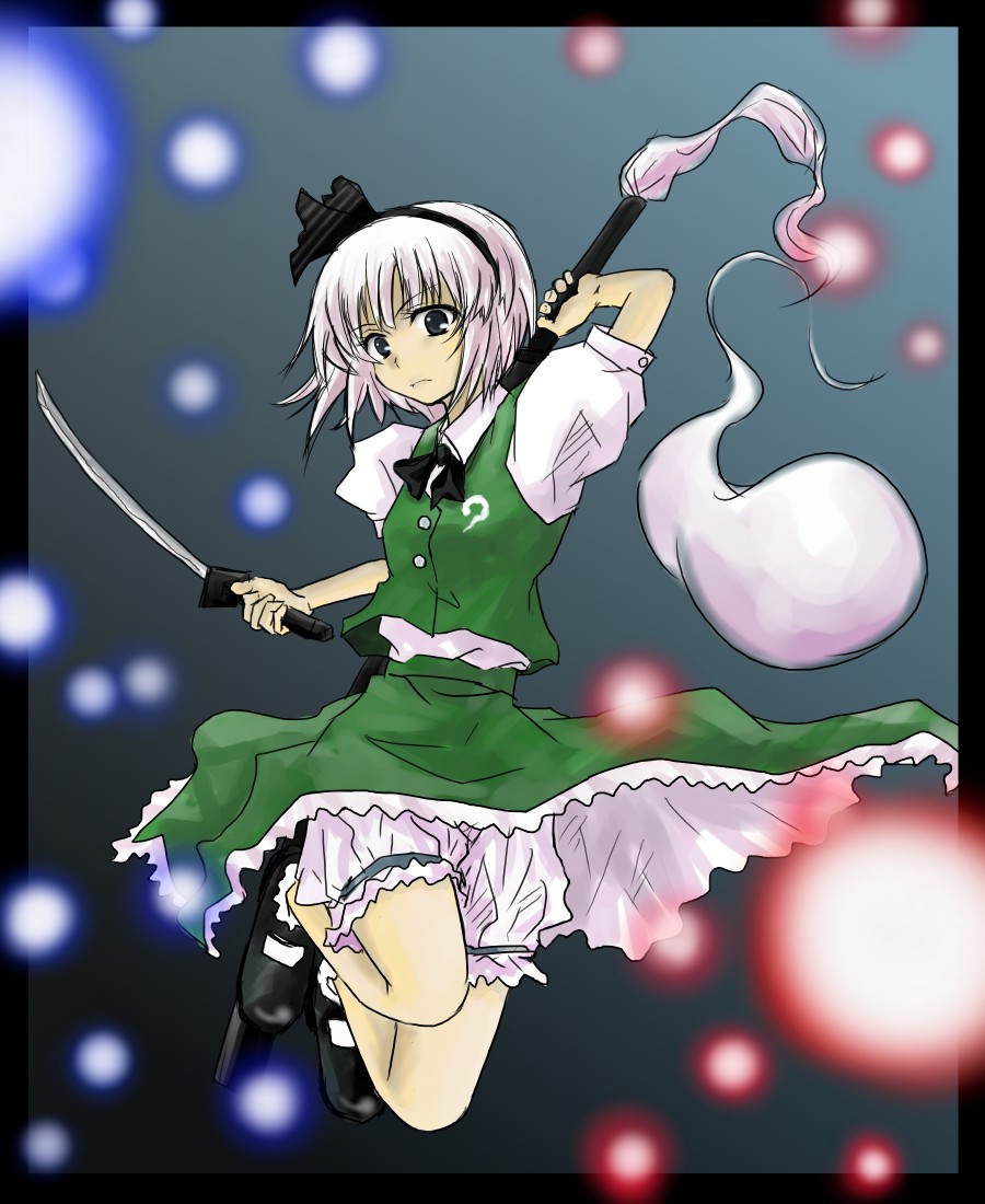 ghost, hairband, hitodama, kana-p, katana, konpaku_youmu, konpaku_youmu_(ghost), ribbon, short_hair, silver_hair, sword, touhou, weapon