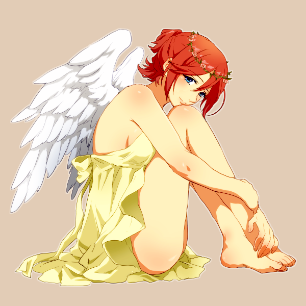 1girl, angel_wings, bare_legs, bare_shoulders, barefoot, blue_eyes, cero_(cerocero), dress