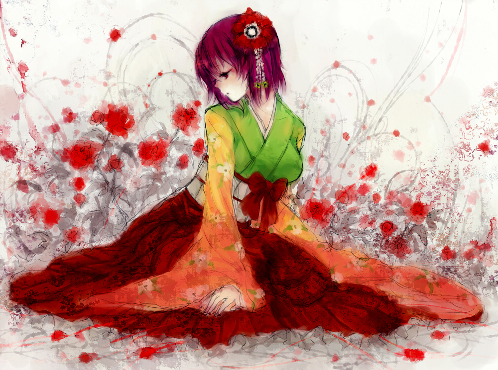breasts, flower, hair_flower, hair_ornament, hieda_no_akyuu, japanese_clothes, kimono, minase_(mmakina)