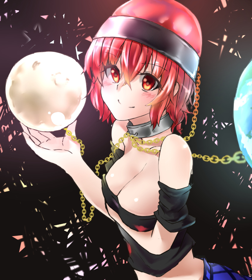 1girl, bare_shoulders, blush, breast_hold, breasts, chain, choker, cleavage