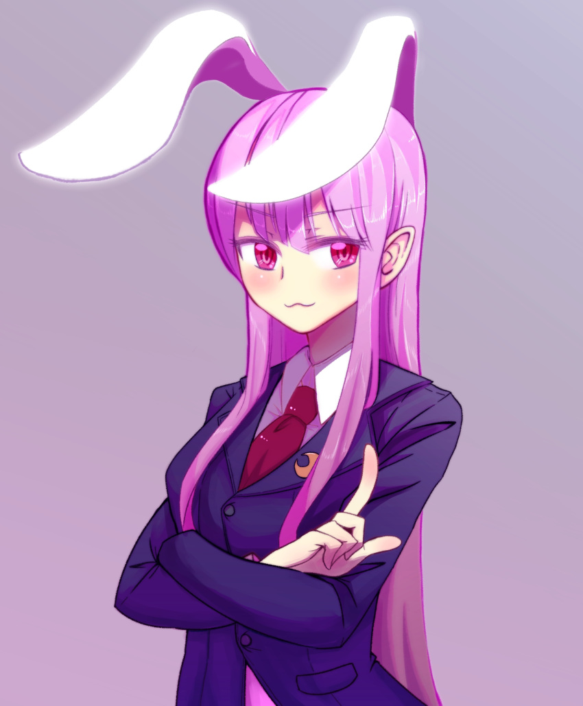1girl, :3, alison_(alison_air_lines), animal_ears, blazer, blue_jacket, crescent, crescent_moon_pin