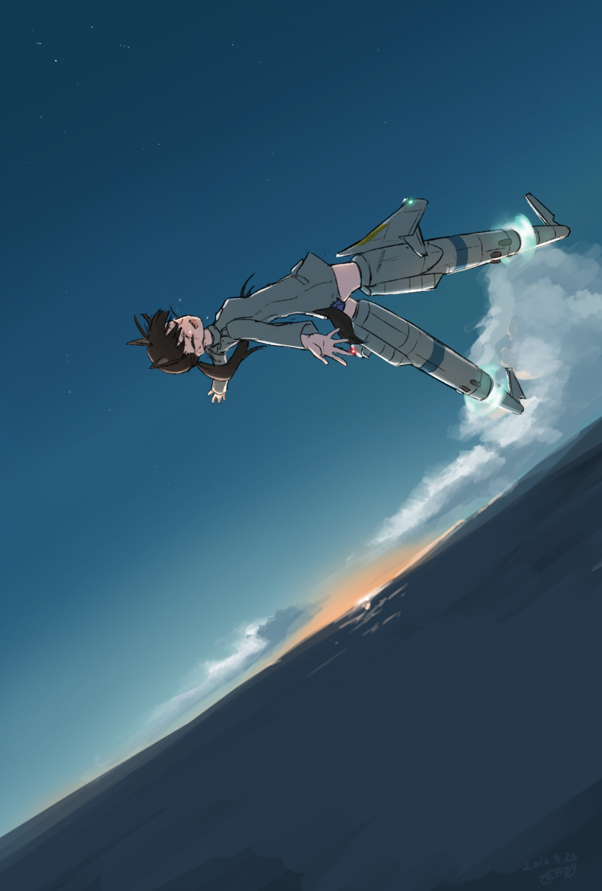 1girl, animal_ears, black_hair, blush, closed_eyes, clouds, crying, dated, dog_ears, dog_tail, dutch_angle, flying, highres, horizon, kemonomimi_mode, landscape, long_hair, makaze_(t-junction), military, military_uniform, ocean, open_mouth, outstretched_arms, ponytail, sakamoto_mio, school_swimsuit, signature, sky, solo, spread_arms, star_(sky), starry_sky, strike_witches, striker_unit, sunset, swimsuit, swimsuit_under_clothes, tail, tears, uniform, water, world_witches_series