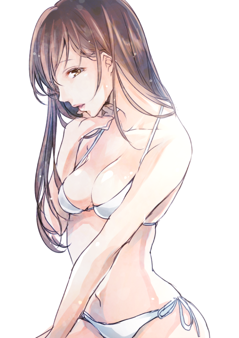 1girl, bikini, breasts, brown_eyes, brown_hair, idolmaster, idolmaster_cinderella_girls, long_hair, navel, nitta_minami, parted_lips, profile, simple_background, sketch, solo, swimsuit, white_bikini, yoma