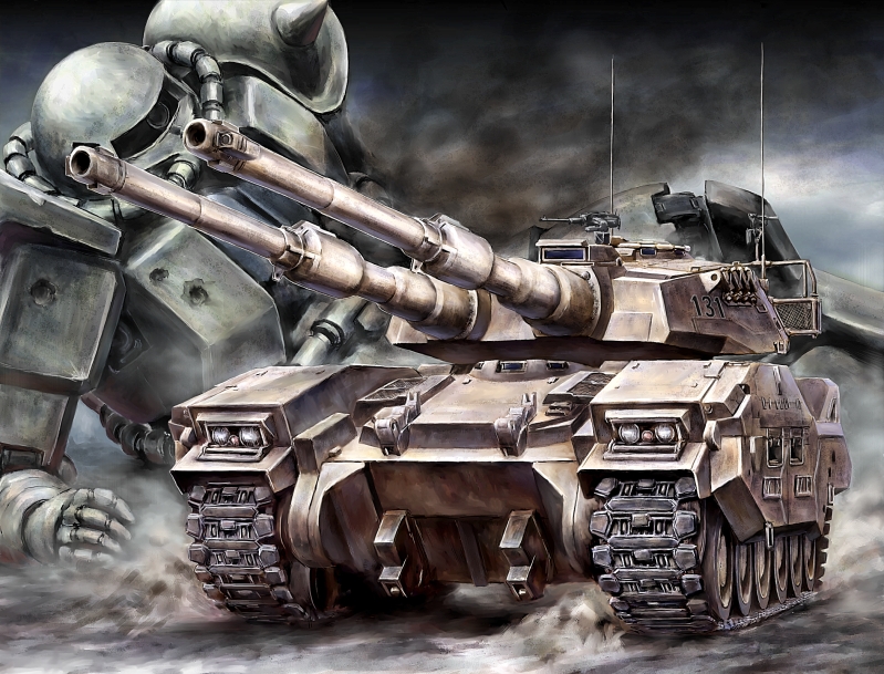 caterpillar_tracks, dust, gundam, gundam_ms_igloo, mecha, military, military_vehicle, naga_hana, spikes, tank, type_61_(gundam), vehicle, zaku, zaku_ii, zaku_ii_f/j