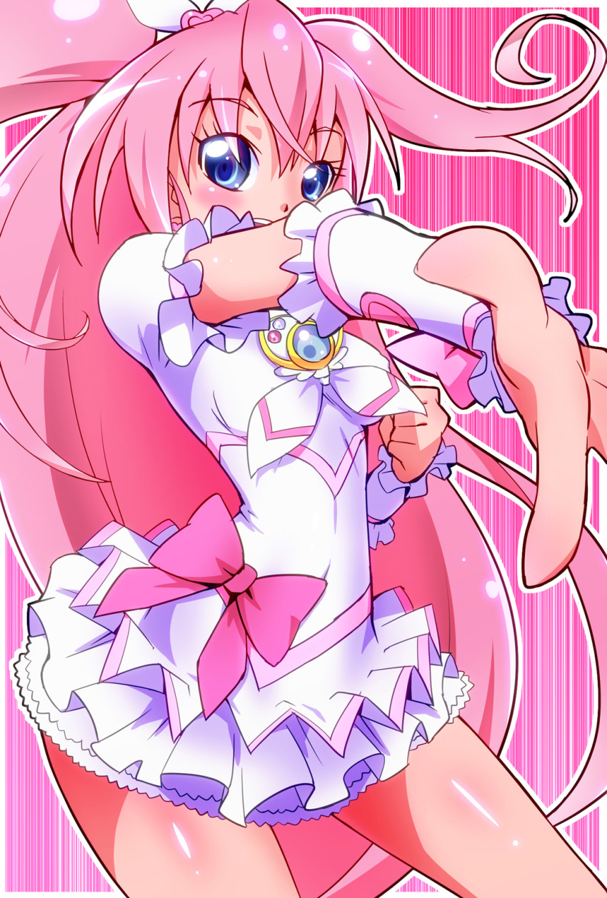 1girl, blue_eyes, bow, brooch, cosplay, cure_melody, cure_rhythm, cure_rhythm_(cosplay)