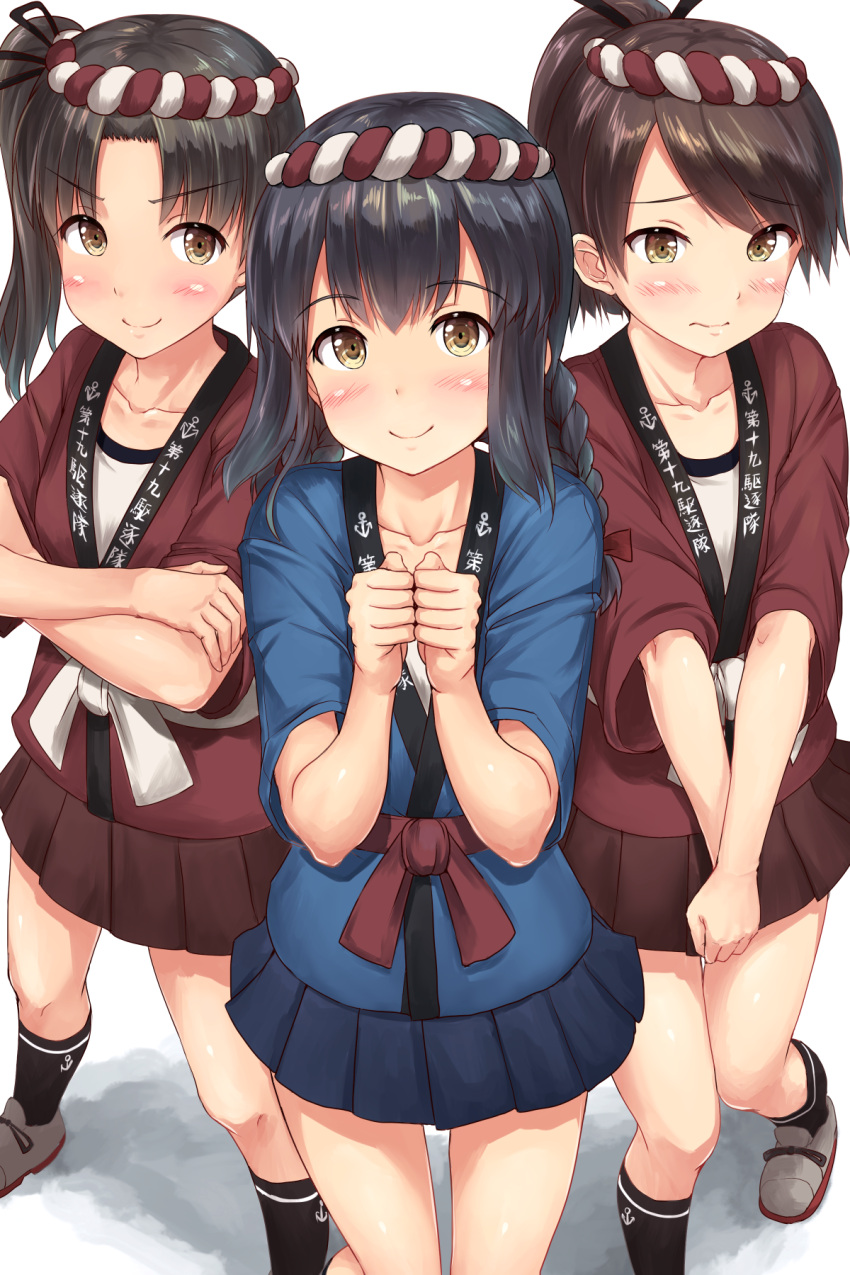 >:), 3:, 3girls, alternate_costume, anchor_symbol, ayanami_(kantai_collection), black_hair, bow