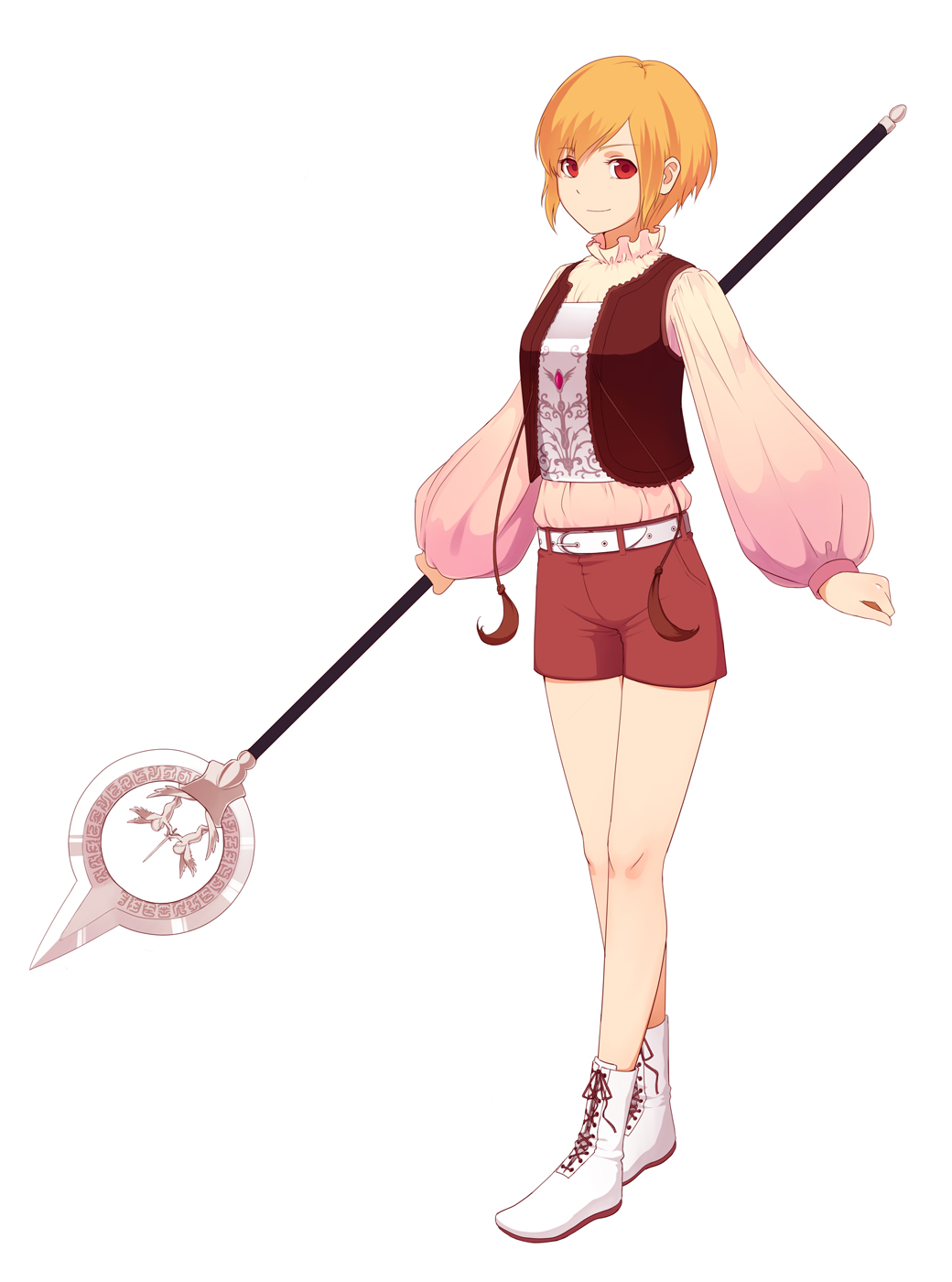 highres, orange_hair, original, polearm, red_eyes, short_hair, shorts, smile, spear, staff, urue, weapon