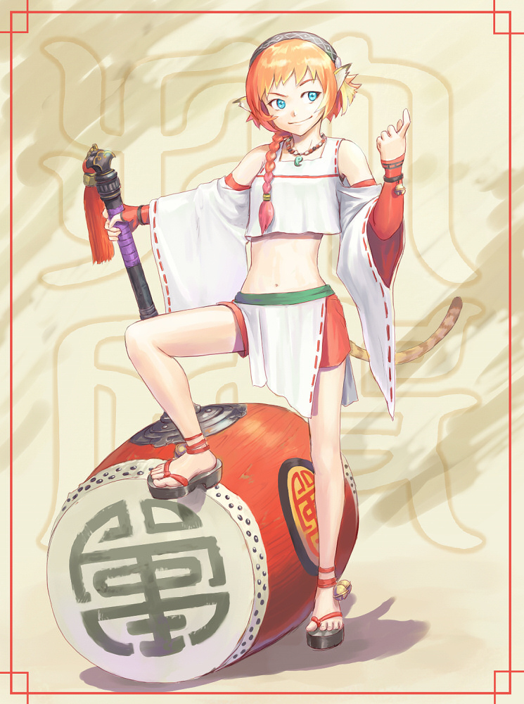 anklet, bad_id, barefoot, bell, blue_eyes, braid, clog_sandals, detached_sleeves