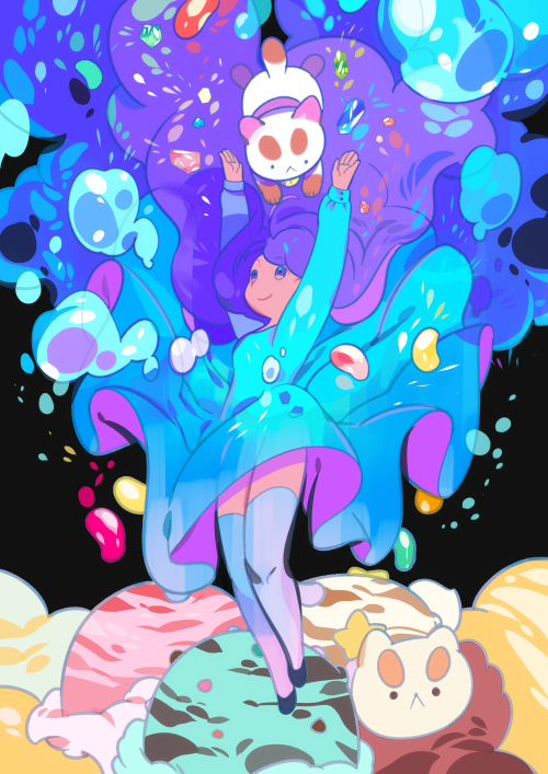 1girl, :<, bee_(bee_and_puppycat), bee_and_puppycat, bow, bubble, cat, long_hair