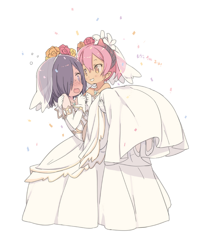 2girls, blade_(galaxist), blush, bridal_veil, bride, carrying, dark_skin, demon_girl