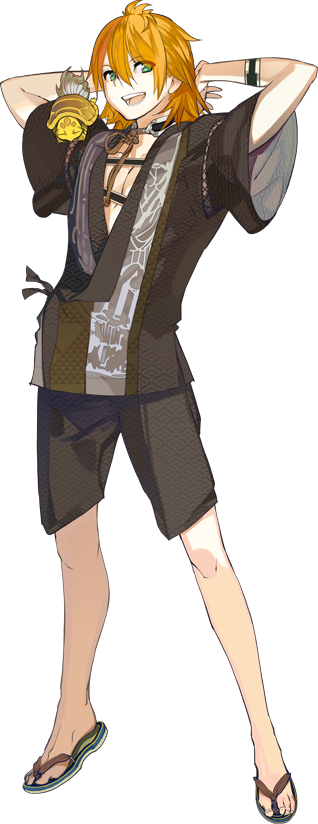 1boy, animal, animal_on_shoulder, arai_teruko, arms_behind_head, green_eyes, japanese_clothes, kamekichi