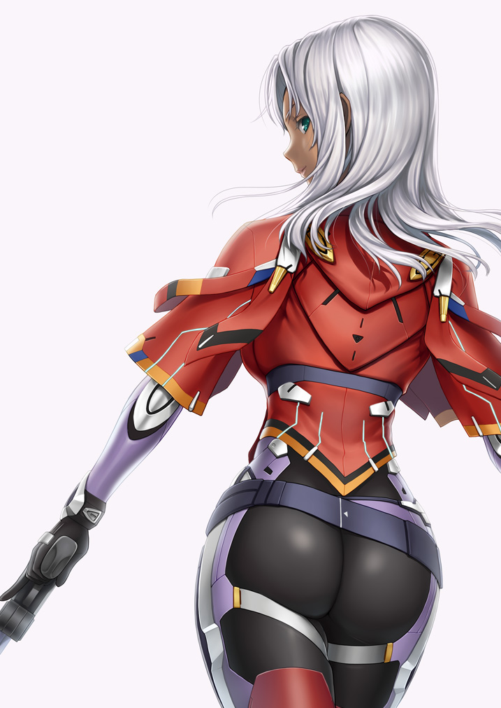 1girl, armor, ass, belt, blue_eyes, bodysuit, commentary_request, dark_skin