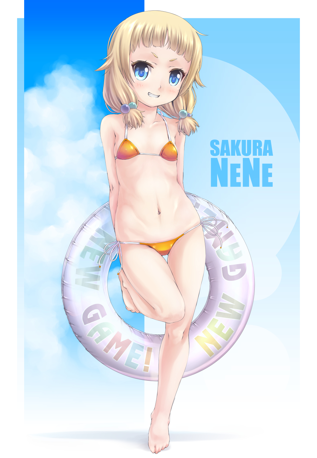 1girl, barefoot, bikini, blonde_hair, blue_eyes, character_name, copyright_name, hair_ribbon