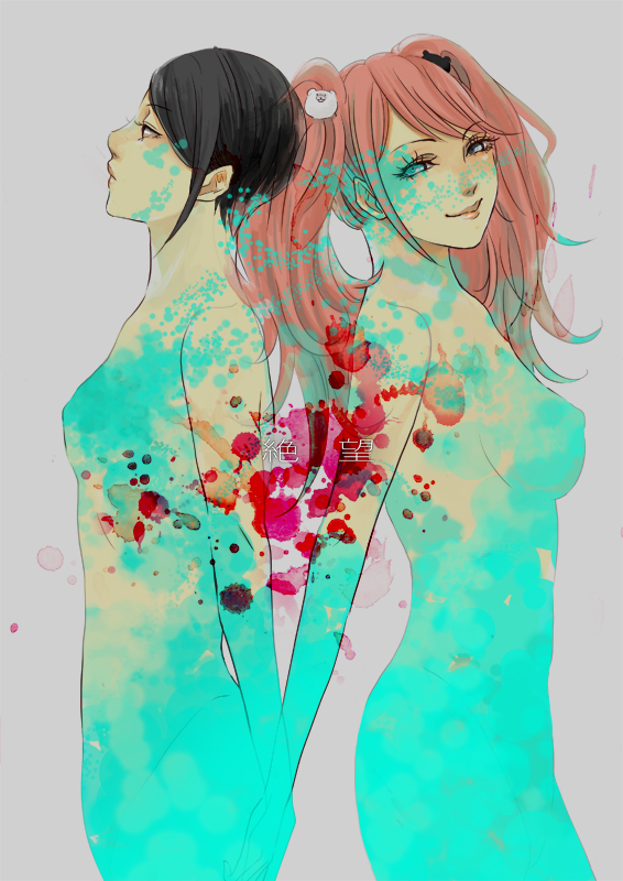 2girls, black_hair, blue_eyes, breasts, dangan_ronpa, dangan_ronpa_1, enoshima_junko, hair_ornament