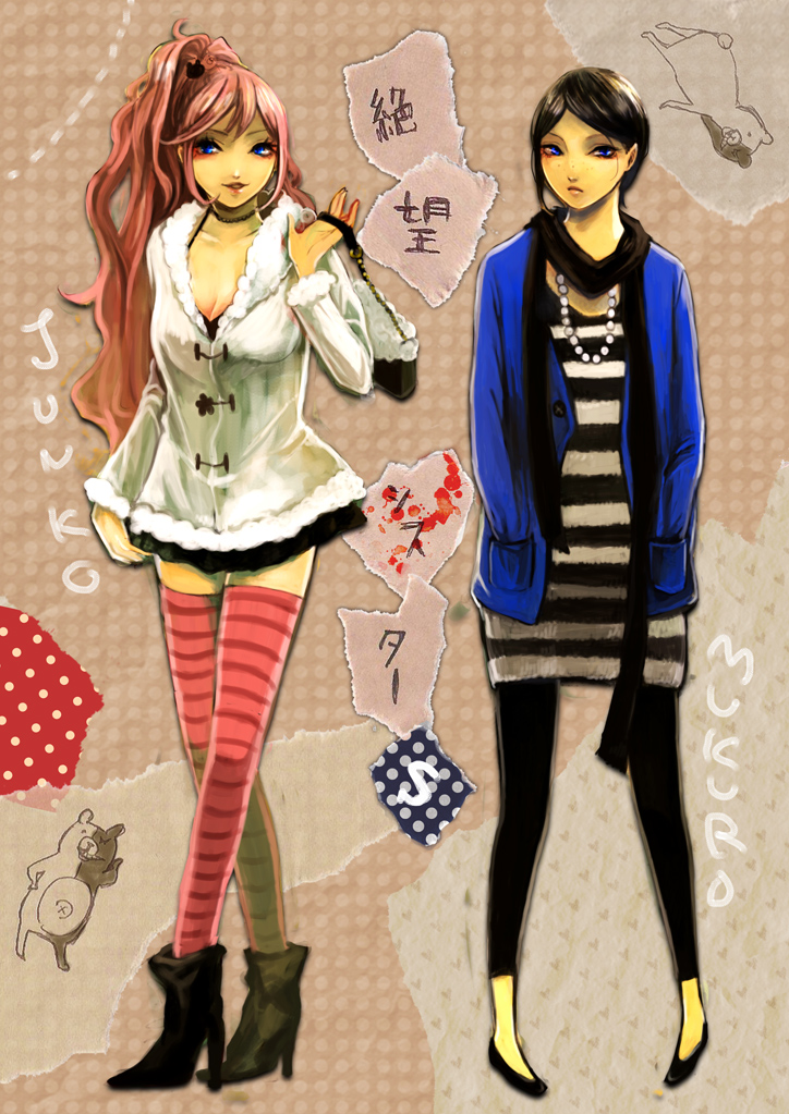 2girls, alternate_costume, alternate_hairstyle, ankle_boots, bag, bangs, blue_eyes, boots