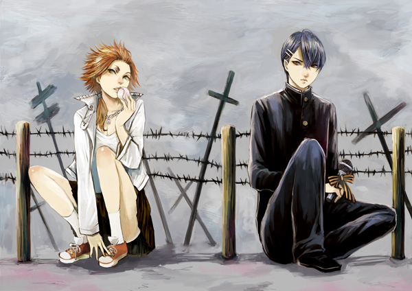 1boy, 1girl, baseball, blue_hair, cross, dangan_ronpa, dangan_ronpa_1, genderswap