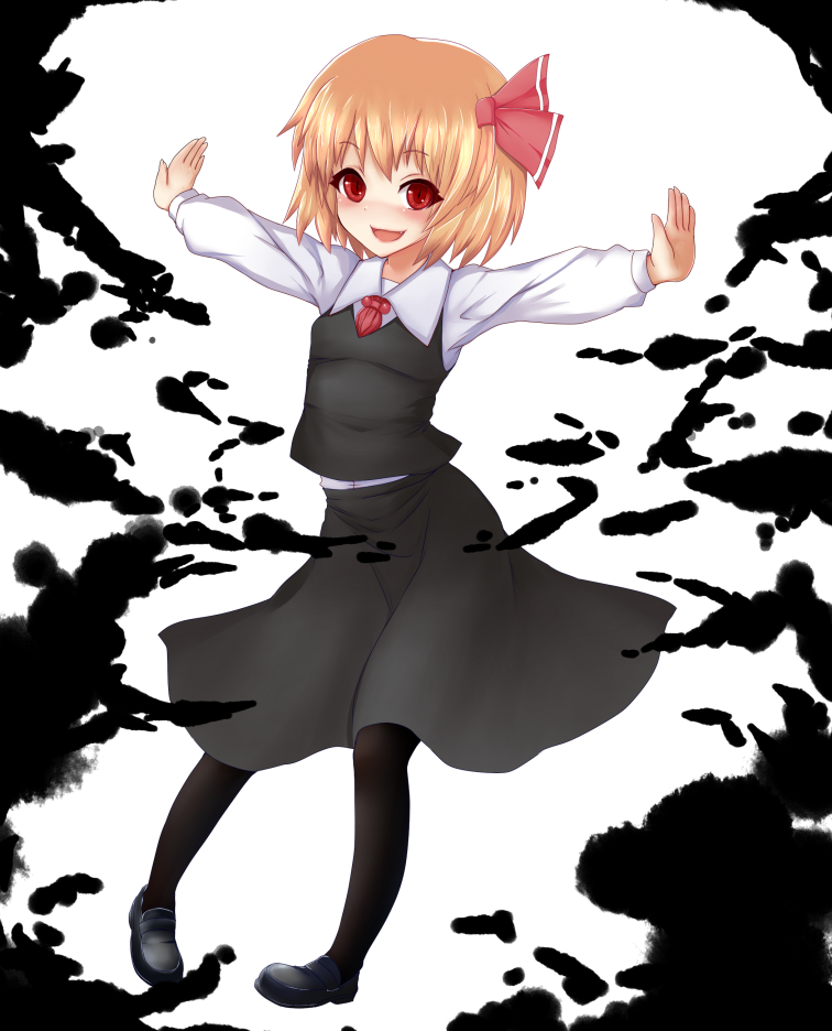 1girl, ascot, black_legwear, blonde_hair, blush, dark, full_body, hair_ribbon, open_hands, open_mouth, pantyhose, ribbon, rumia, short_hair, solo, tama_go, touhou