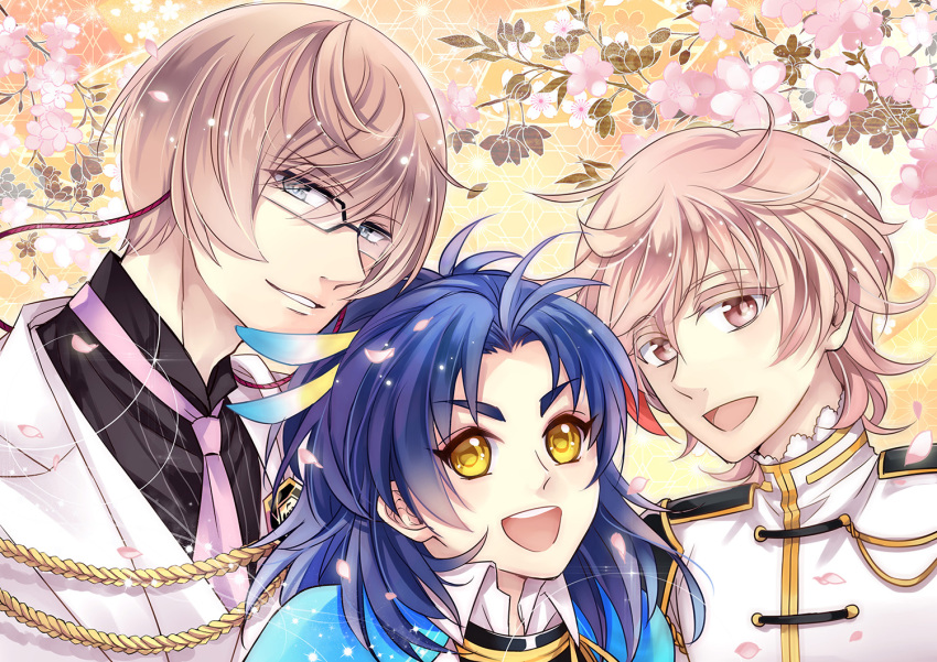 3boys, blonde_hair, blue_eyes, blue_hair, cherry_blossoms, feathers, glasses, hair_feathers