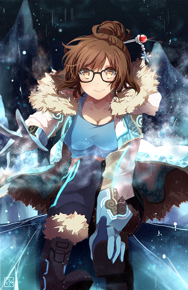 1girl, beads, black-framed_eyewear, blue_gloves, blue_legwear, boots, brown_eyes, brown_hair