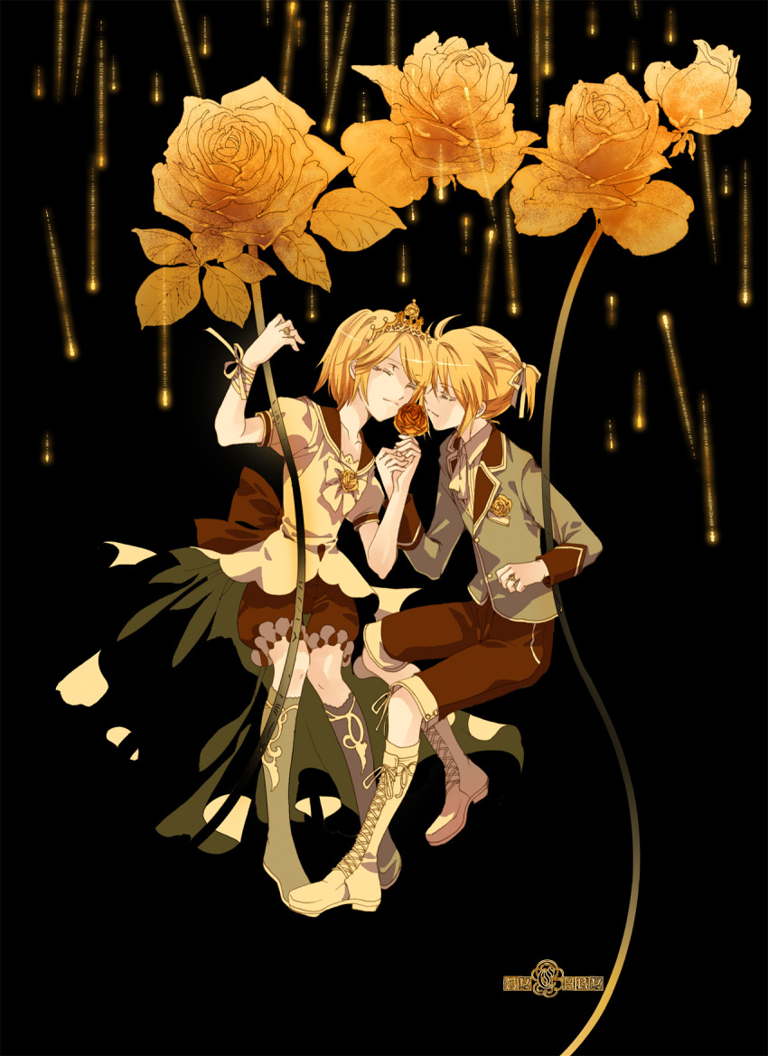 bad_id, blonde_hair, boots, chry_(abbey_bc), chry_(pixiv20842), crown, flower, hair_ribbon, highres, kagamine_len, kagamine_rin, ribbon, rose, short_hair, shorts, siblings, sitting, twins, vocaloid