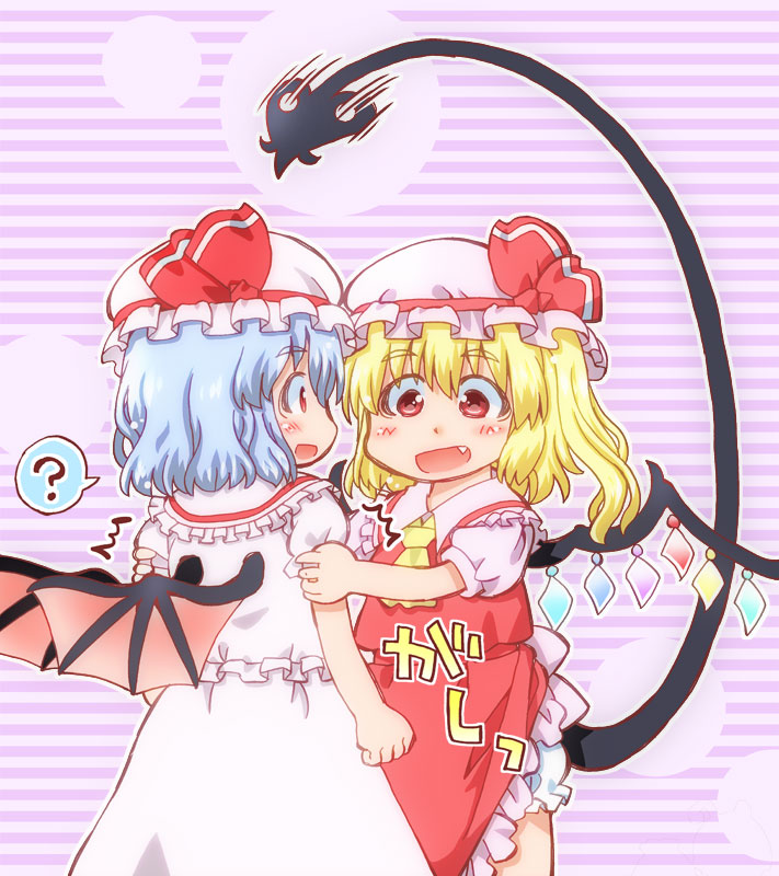 2girls, ?, arm_grab, ascot, bat_wings, blonde_hair, blue_hair, blush