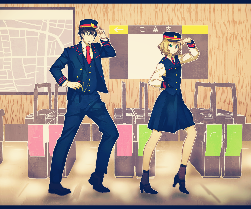 1boy, 1girl, black_hair, black_legwear, crashtv, fare_gate, green_eyes, hand_on_hip