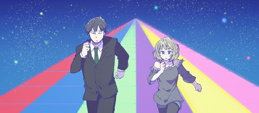 1boy, 1girl, bare_shoulders, black_legwear, blue_eyes, business_suit, crashtv, idolmaster