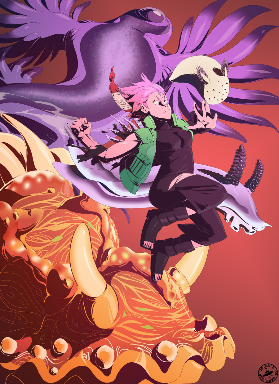 1girl, facial_mark, forehead_mark, forehead_protector, haruno_sakura, highres, mars_(signsoflifeonmars), midair, naruto, naruto_shippuuden, pink_hair, sea_slug, slug, toeless_legwear, torn_sleeve