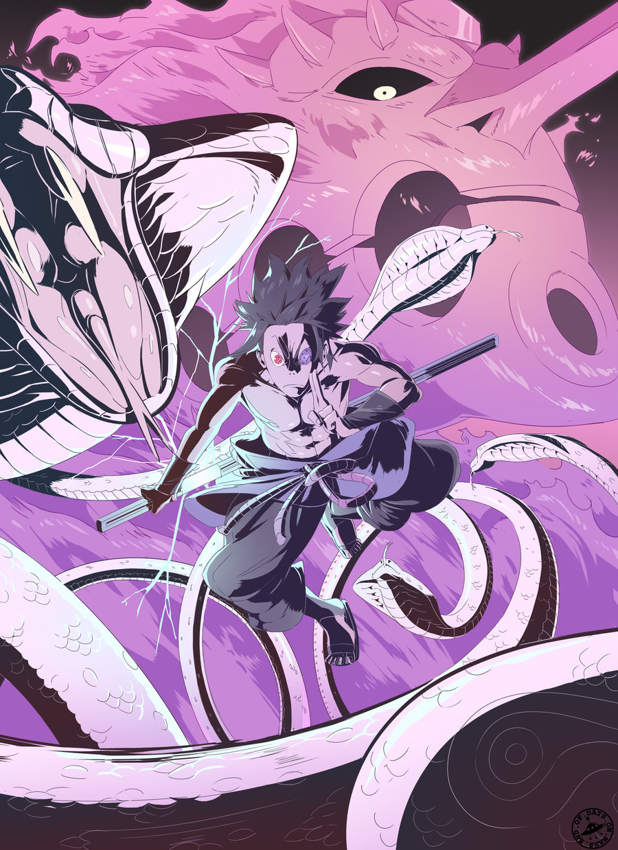 1boy, black_hair, cobra_(animal), electricity, glowing, glowing_eyes, highres, looking_at_viewer, mars_(signsoflifeonmars), naruto, naruto_shippuuden, rinnegan, sharingan, sheath, shirtless, snake, susanoo_(naruto), sword, uchiha_sasuke, unsheathing, weapon