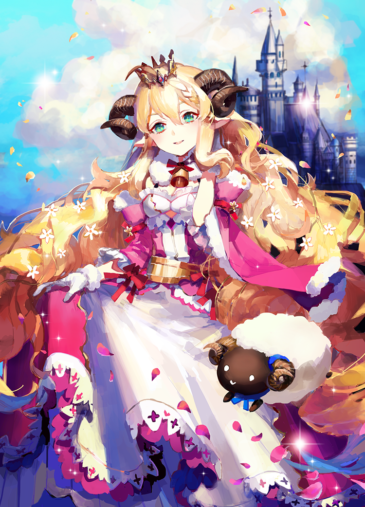 1girl, bell, blonde_hair, castle, clouds, gloves, green_eyes, hg_(pixiv16108795)