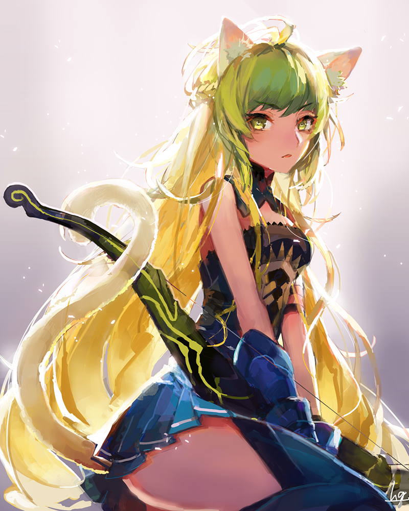 1girl, animal_ears, archer_of_red, ass, blonde_hair, blue_legwear, bow_(weapon), breasts