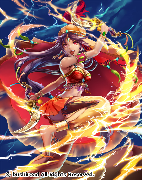 1girl, anklet, arabian_clothes, barefoot, bracelet, cardfight!!_vanguard, circlet, dancer, dark_skin, dual_wielding, feet, jewelry, long_hair, midriff, muraicchi_(momocchi), navel, official_art, red_eyes, scimitar, sword, vanguard_(zhan_jian_shao_nyu), weapon