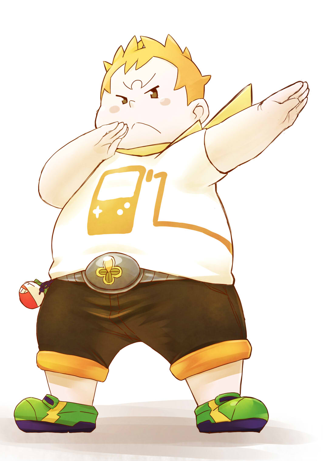 1boy, belt, blonde_hair, brown_eyes, chi_tiu, fat, fat_man, full_body