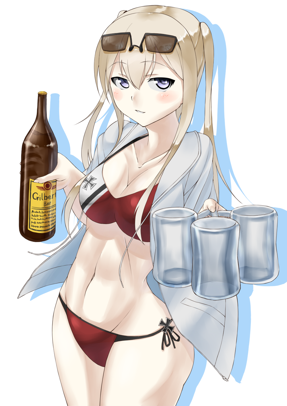 1girl, adapted_costume, arai_kogane, bangs, beer_bottle, beer_mug, bikini, blonde_hair