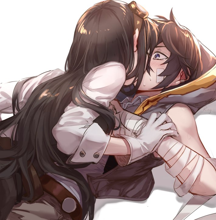 1boy, 1girl, aki663, arm_grab, assertive, ayer, bandage_on_face, bandaged_arm, bandages, bare_shoulders, black_hair, blush, brother_and_sister, closed_eyes, ear_blush, girl_on_top, gloves, goggles, goggles_on_head, granblue_fantasy, hidden_face, hood, incest, jessica_(granblue_fantasy), long_hair, lying, on_back, shadow, shirt, short_hair, siblings, simple_background, sweat, violet_eyes, white_background, white_gloves, white_shirt