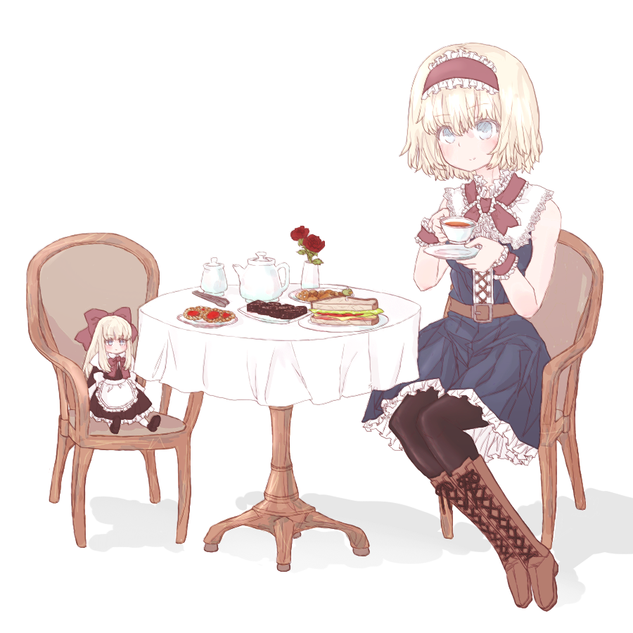 2girls, alice_margatroid, blonde_hair, blue_eyes, boots, chair, cookie, cup