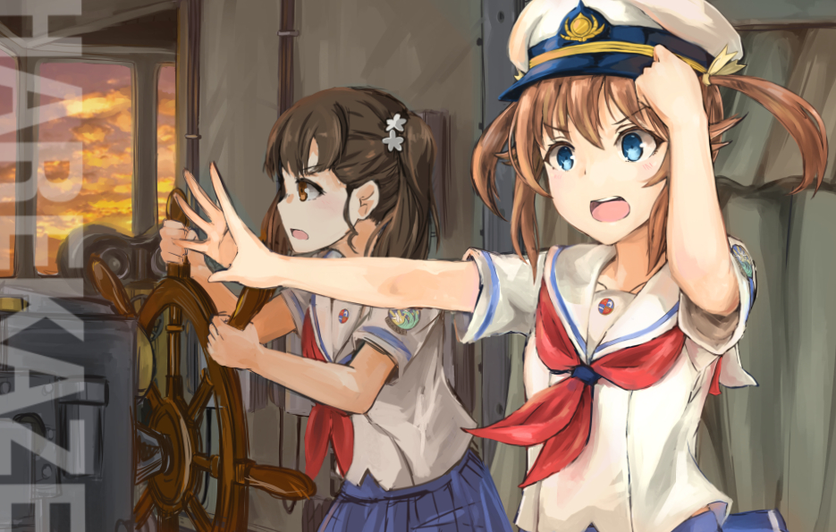 2girls, brown_hair, clouds, cloudy_sky, hair_ornament, hair_ribbon, hand_on_headwear, hat, high_school_fleet, long_hair, misaki_akeno, multiple_girls, natsu_(lilywai0981856227), neckerchief, open_mouth, orange_eyes, outstretched_arm, peaked_cap, pleated_skirt, ribbon, school_uniform, serafuku, ship's_bridge, ship's_wheel, ship_interior, shiretoko_rin, short_sleeves, skirt, sky, steering_wheel, teeth, twintails