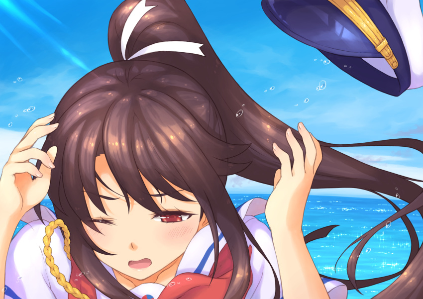 1girl, aiguillette, blue_sky, blush, brown_hair, close-up, collarbone, fingernails