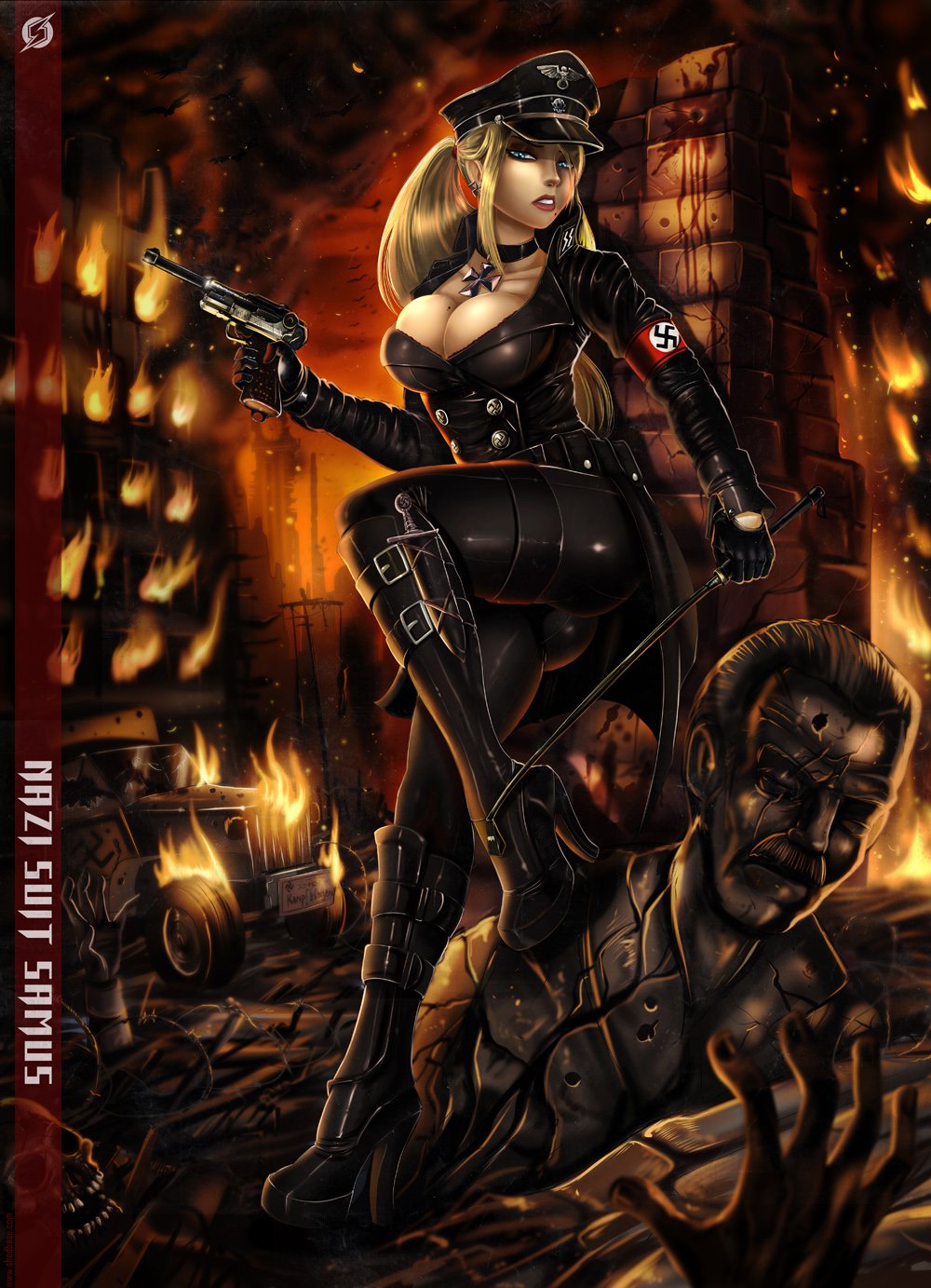 1girl, armband, barbed_wire, bared_teeth, belt, blonde_hair, blood, blood_splatter