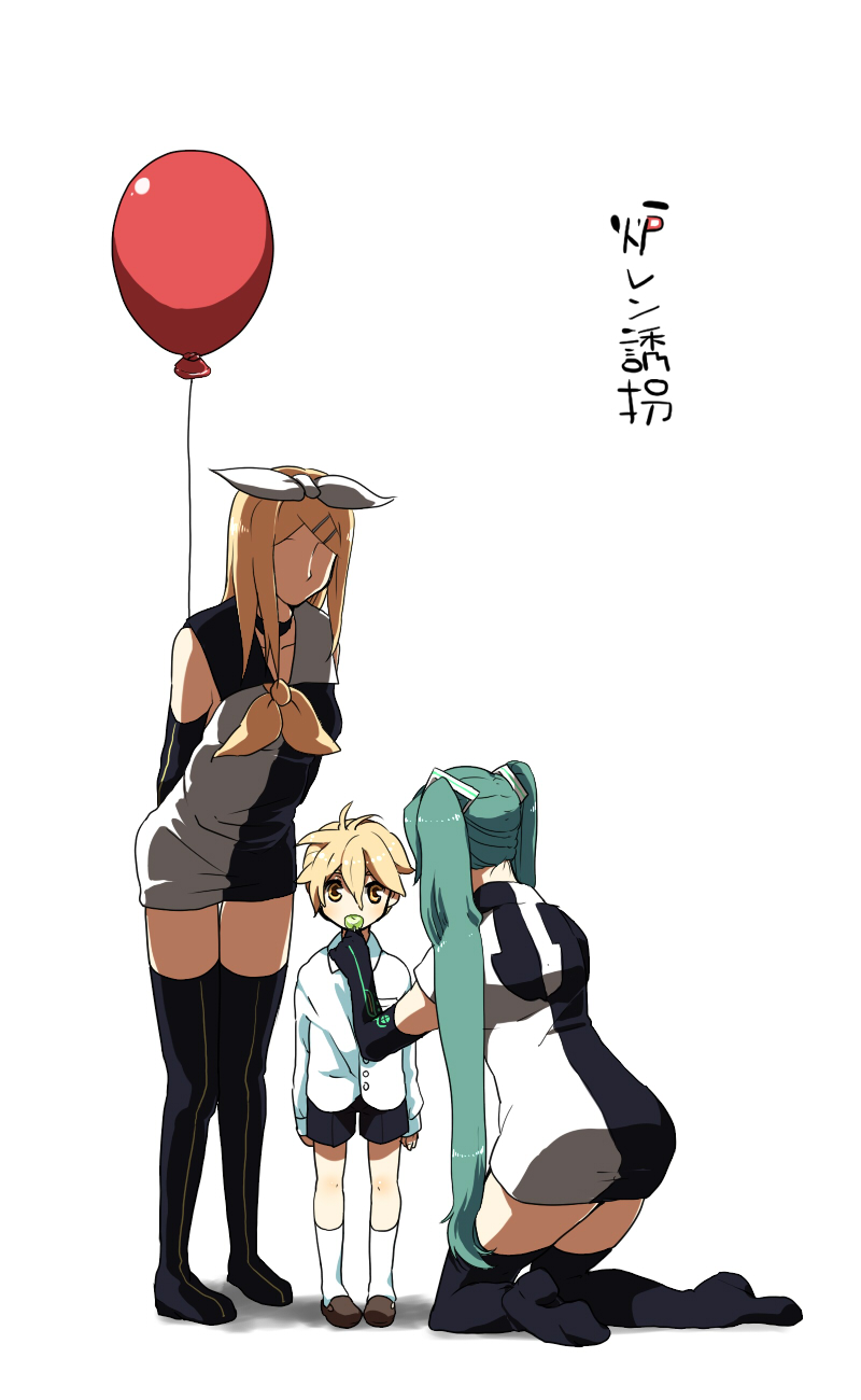 age_difference, balloon, blonde_hair, boots, candy, child, elbow_gloves, fujikami_(lilac), gloves, green_hair, hair_ornament, hair_ribbon, hairclip, hatsune_miku, hatsune_miku_(roshin_yuukai/nitamagomix), highres, kagamine_len, kagamine_rin, kneeling, lollipop, long_hair, meltdown, meltdown_(vocaloid), parody, ribbon, roshin_yuukai_(vocaloid), sailor_dress, shorts, thigh-highs, thigh_boots, thighhighs, time_paradox, twintails, vocaloid, yellow_eyes